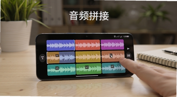 音频拼接软件功能展示图,画面中一部安卓手机放置在浅色木纹桌面上,手机屏幕显示三段不同颜色的音频波形条正在被手指拖拽排序,屏幕上方有音频拼接字样,背景区域是虚化的书房环境,有绿植和笔记本,光线柔和,主体手机位于画面中央偏左,突出多段音频自由拼接的操作细节