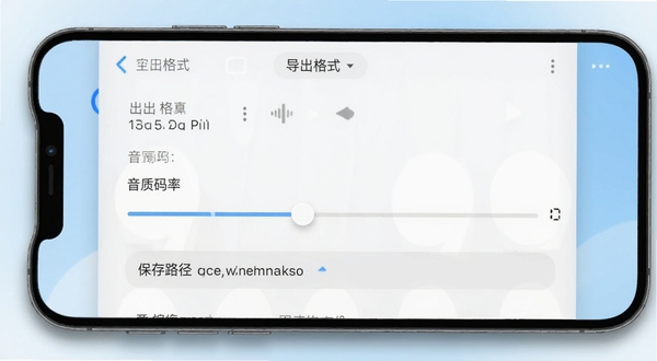音频拼接软件导出设置界面截图,画面主体为手机屏幕显示导出格式选择、音质码率调节滑块和保存路径选项,背景区域为浅蓝色渐变,屏幕周围有柔和的阴影和圆角效果,整体风格干净清爽,突出导出操作的便捷性