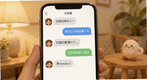 附近约见 即时聊天互动界面 手机屏幕显示聊天气泡与打招呼模板 背景为柔和暖色调 人物头像圆润可爱 整体氛围轻松友好