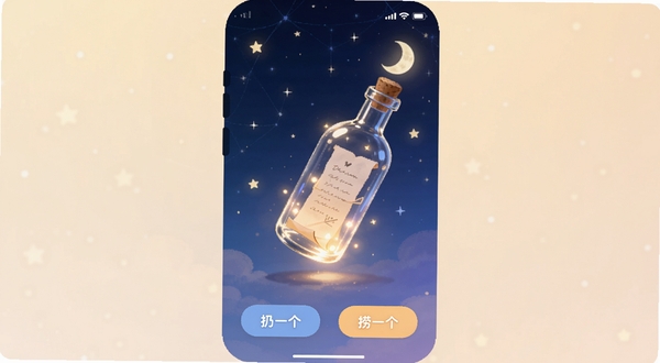 树洞漂流瓶App主界面截图,画面中央是一个柔和的星空背景,一只发光的玻璃漂流瓶悬浮在屏幕中央,瓶内装有信纸和微光,背景是深蓝色渐变夜空,点缀着星星和月亮,底部有“扔一个”“捞一个”按钮,整体风格治愈温暖,适配Boogu模型生成
