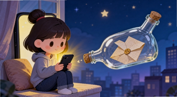 树洞漂流瓶匿名倾诉场景插画,画面左侧是一个卡通女孩坐在窗边抱着手机,手机屏幕发出温暖黄光,右侧有一个漂浮的玻璃瓶从屏幕中飞出,瓶内有一封信,背景是夜晚城市剪影和星星,整体色调为蓝紫色与暖黄色对比,突出匿名倾诉的治愈感