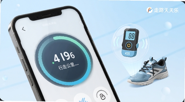 走路天天乐自动计步功能展示,手机屏幕特写,显示环形步数进度条和行走公里数,旁边有虚拟的计步器图标和运动鞋,背景为淡蓝色渐变,风格简洁科技感,画面中带有走路天天乐文字标识
