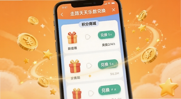 走路天天乐步数兑换界面,画面展示手机屏幕上的积分商城列表,有礼品图标和兑换按钮,周围有金币和星星飞舞的特效,背景为暖橙色,氛围活泼,体现走路天天乐兑换奖励场景