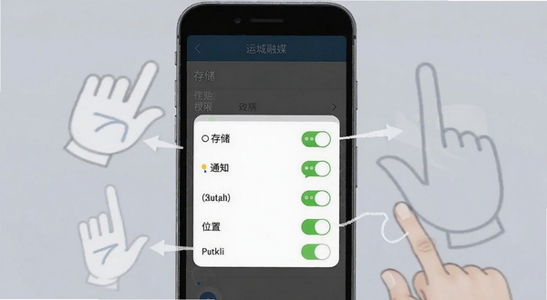 运城融媒通应用权限设置界面示意图,展示存储、通知、位置等权限开关状态,配以手机操作手势图标,帮助用户理解设置步骤