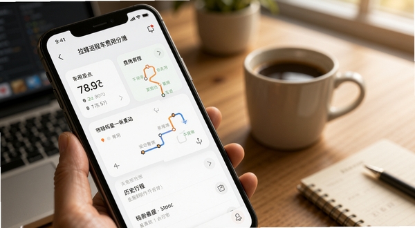 拉蜂返程车费用分摊与行程记录界面,画面展示手机屏幕上的费用明细卡片与历史行程列表,卡片上有数字和路线简图,背景为书桌与咖啡杯的温馨场景,光线柔和