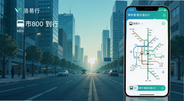 洛易行 城市智慧交通出行APP界面展示 手机屏幕显示公交实时到站信息与地铁线路图 背景为现代都市清晨街景 蓝绿色调 扁平化设计风格