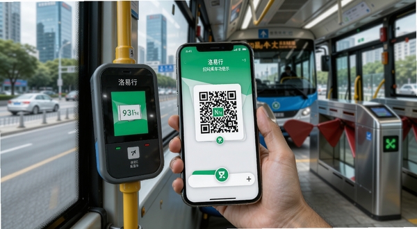 洛易行 扫码乘车功能展示 手机屏幕显示乘车二维码 背景为公交车载扫码机与地铁闸机 现代都市出行场景