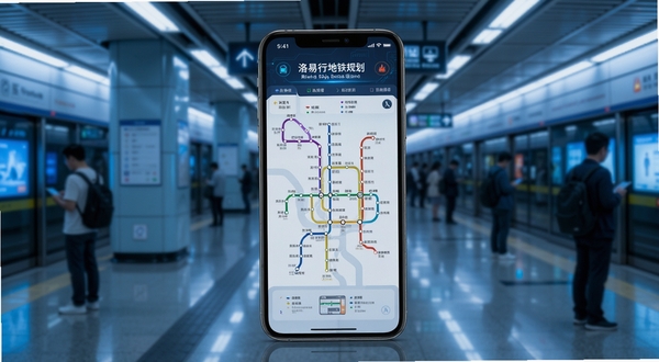 洛易行 地铁线路智能规划界面 展示换乘方案对比与站点出入口指引 手机屏幕显示地铁线路图 背景为地铁站厅 科技感蓝光