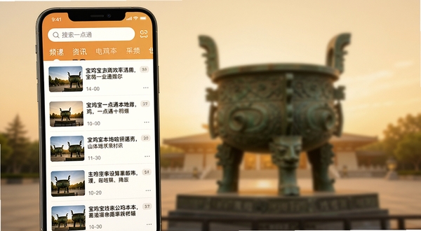 宝鸡一点通本地资讯页面AI生图,画面展示手机屏幕中滚动播放的宝鸡新闻列表,每条新闻配有小缩略图与时间标签,屏幕上方有搜索框与频道切换标签,背景为虚化的宝鸡青铜器博物院剪影,色彩温暖柔和,UI细节清晰,适合Boogu模型生成
