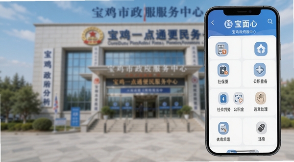 宝鸡一点通便民服务大厅界面,手机屏幕显示社保、公积金、违章处理等图标整齐排列,背景为宝鸡市政务服务中心大楼实景虚化,色调以蓝白为主,界面简洁商务,适合Boogu模型生成