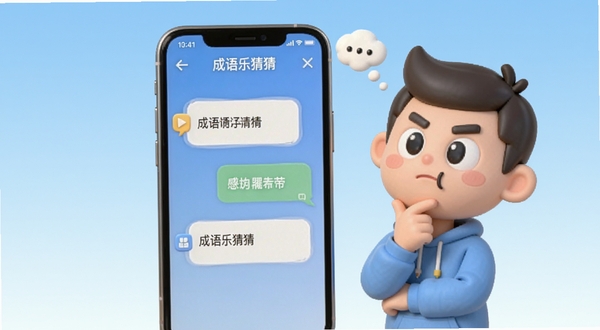 成语乐猜猜 用户问答界面 画面中显示手机屏幕内的问答对话框 旁边有卡通人物思考形象 背景为浅蓝色渐变 简洁清爽 适配Boogu模型生成