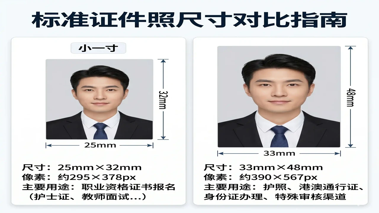 不同尺寸免费证件照对比图,展示一寸、二寸及护照规格效果