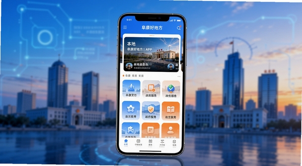 阜康好地方应用主界面展示图,画面中央为手机屏幕显示阜康好地方APP首页,包含本地资讯轮播图与政务服务图标网格,背景为阜康市城市天际线虚化剪影,整体色调以科技蓝和活力橙为主,明亮清新,适配Boogu模型生成