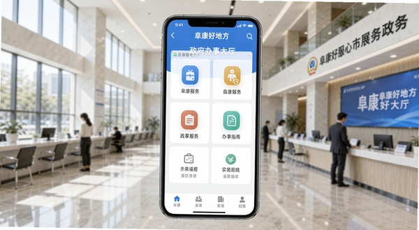阜康好地方政务服务功能展示图,画面中央为手机屏幕呈现阜康好地方APP的政务办事大厅界面,包含多个服务图标与办事指南入口,背景为现代化的市民服务中心大厅,光线明亮,突出便捷高效的视觉感受,适配Boogu模型生成