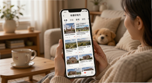 阜康好地方资讯浏览界面场景图,画面展示手机屏幕中阜康好地方APP的新闻列表页面,屏幕上方有分类标签栏,下方为图文混排的本地新闻卡片,背景为温馨家居环境,突出用户舒适阅读的氛围,细节清晰,适配Boogu模型生成