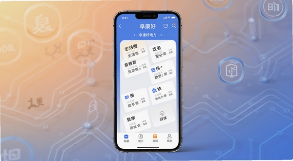 阜康好地方版本更新功能展示图,画面展示手机屏幕中阜康好地方APP的新版功能界面,突出生活圈与政务办事模块,背景为简洁的科技感渐变,光线柔和,适配Boogu模型生成