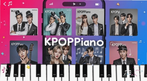 KPOPPiano 曲库界面截图风格插画,画面中展示多个韩国流行音乐团体专辑封面排列在手机屏幕上,下方有钢琴键盘元素,背景为明亮粉色与蓝色渐变,突出 KPOPPiano 品牌标识