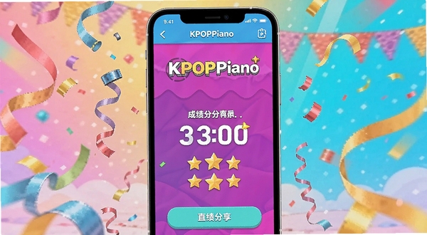 KPOPPiano 成绩分享界面,手机屏幕显示弹奏得分与星级评价,周围有庆祝彩带和 KPOPPiano 标志,背景为明亮活泼的派对风格