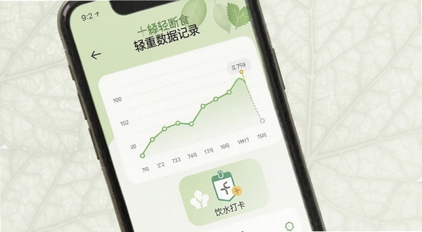 ��Ҷ���ʳ���ݼ�¼ҳ�棬�ֻ���Ļչʾ������������ͼ����ˮ��ͼ�꣬������ɫΪǳ�����ɫ�������е�����Ҷ������������ɾ�����