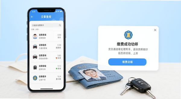 交通违章处理帮手功能展示图,画面左侧为手机界面呈现违章查询结果列表,右侧为缴费成功提示弹窗,背景为淡蓝色渐变,桌面放置一本驾驶证和车钥匙,整体构图干净整洁,突出便捷操作体验