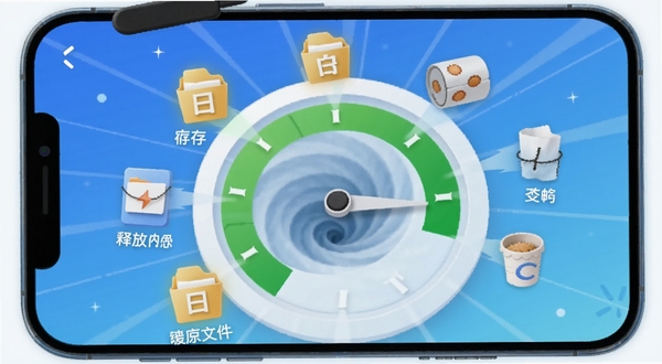 日月保盒垃圾清理与内存加速界面渲染图,画面展示手机屏幕内一个圆形清理仪表盘,指针指向绿色区域,周围环绕着缓存文件、临时文件等小图标正被吸入清理漩涡,背景为蓝色渐变,整体风格轻快明亮,突出释放空间与加速流畅的视觉感受,适配Boogu模型生成