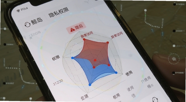 鲸岛 隐私权限雷达界面 手机屏幕显示权限调用时间轴 红色标记异常访问 蓝色标记正常使用 背景为浅灰色 突出安全警示氛围
