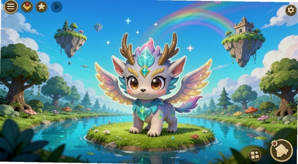 梦幻养成宠物世界游戏主界面全景,中央为一只发光的神话级宠物幼崽,四周环绕森林、湖泊与漂浮岛屿,背景区域为渐变蓝天与彩虹,卡通渲染风格,高饱和度色彩,细节丰富,适配Boogu模型生成