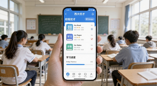西大优才 校园学习类手机应用界面展示 主页面功能模块清晰排列 背景为明亮教室场景 画面中心为手机屏幕特写 屏幕内显示课程列表与学习进度条 整体色调清新蓝色与白色搭配 适配Boogu模型生成