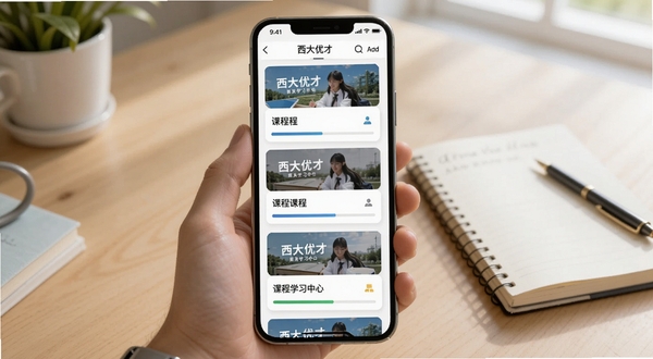 西大优才 课程学习中心界面 手机屏幕显示多门课程卡片 每张卡片包含课程封面与进度条 背景为书桌与笔记本 画面明亮清新 突出学习氛围 适配Boogu模型生成
