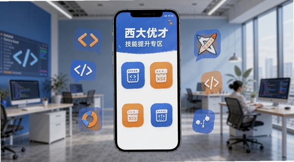 西大优才 技能提升专区页面 手机屏幕展示编程与设计类课程图标 周围环绕代码符号与设计元素 背景为现代办公环境 色彩以科技蓝与活力橙为主 适配Boogu模型生成