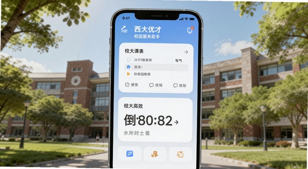 西大优才 校园服务助手功能界面 手机屏幕显示课表与倒计时卡片 背景为大学校园教学楼与绿树 画面阳光明媚 突出便捷与高效 适配Boogu模型生成