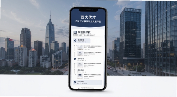 西大优才 职业发展导航页面 手机屏幕展示简历模板与招聘信息列表 背景为城市天际线与写字楼 色调稳重专业 适配Boogu模型生成