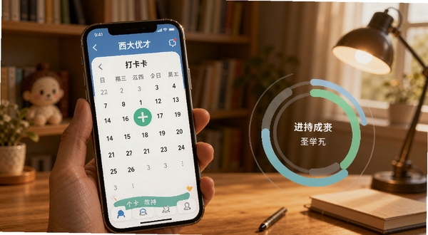 西大优才 个性化学习计划界面 手机屏幕显示日历打卡与进度环形图 背景为温馨书房 暖色调灯光 突出坚持与成长 适配Boogu模型生成