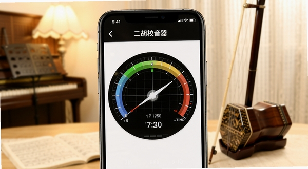 一款名为二胡校音器的手机应用界面展示,画面主体为手机屏幕中央显示的音准指针仪表盘,背景为温馨的练琴房场景,二胡琴身虚化置于画面右侧,整体色调柔和明亮,突出专业调音工具的科技感与实用性