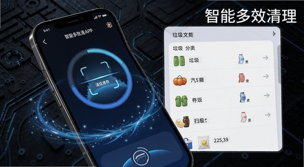 智能多效清理APP一键扫描功能界面,主体展现手机屏幕上的扫描进度环与垃圾文件分类列表,背景为深色科技纹理,突出清理动画特效,软件名称智能多效清理以悬浮水印形式出现在画面右上角