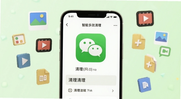 智能多效清理微信专清功能界面,画面主体为手机屏幕显示微信图标与清理选项,背景为浅绿色清新风格,周围漂浮着图片、视频、文件等小图标,体现分类清理的细节