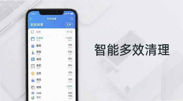 智能多效清理软件管理列表与大文件查找界面,主体为手机屏幕展示应用占用空间排行,背景为浅灰色商务风格,画面中包含智能多效清理文字标识