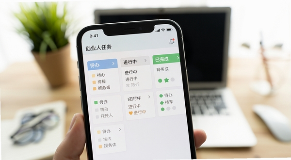 ��ҵ��Ӧ�������񿴰������д����������Ϊ�ֻ���Ļ����ʾ�Ĵ�ҵ������Ƭ�б������������족�������С�������ɡ����п��壬��������Ϊģ��������칫������������Ϊ�������µı�ƽ��UIչʾͼ