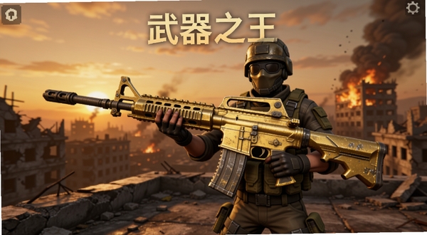 武器之王游戏主界面展示,画面中央是一名手持金色突击步枪的角色站在废墟城市楼顶,背景区域为黄昏天空与远处燃烧的建筑物,整体色调偏暖,突出枪械金属质感与战场氛围,适配Boogu模型生成