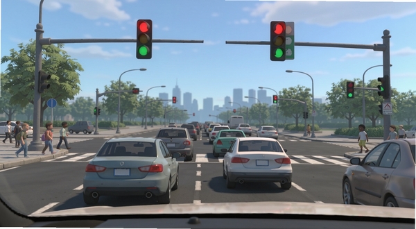 汽车城市驾驶城市道路场景预览图,画面展示一个繁忙的十字路口,红绿灯正在切换,多辆汽车有序等待,路边有行人走动,远处是城市天际线,写实风格,细节丰富