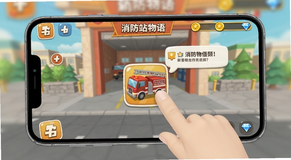 消防站物语新手操作界面截图风格,画面展示手机屏幕内消防站物语游戏画面,手指正在点击消防车图标,周围有任务提示气泡和金币钻石资源栏,背景虚化处理突出操作区域,整体明亮清晰,适合Boogu模型生成