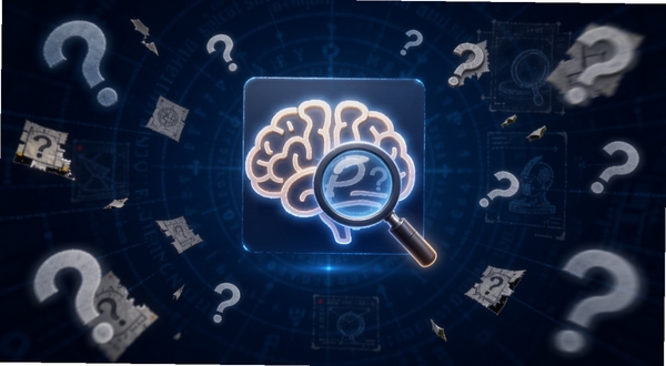 烧脑的真相应用主界面全貌展示,画面中央放置一个发光的大脑图标与放大镜组合元素,背景为深蓝色推理主题渐变,四周散布悬浮的问号与线索碎片,整体风格悬疑神秘,适配Boogu模型生成,高清画质,细节丰富