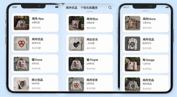 闽舟优品个性化收藏夹界面,画面展示手机屏幕内收藏夹列表,包含商品缩略图、名称和收藏时间,界面采用卡片式布局,背景为淡蓝色,整体风格简洁有序,突出闽舟优品的收藏管理功能