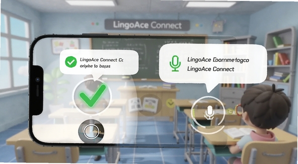LingoAce Connect 课堂连接自检界面,画面展示手机屏幕中摄像头与麦克风检测状态,背景为虚拟教室场景,有绿色对勾与提示气泡,风格清新科技感,适合Boogu模型生成