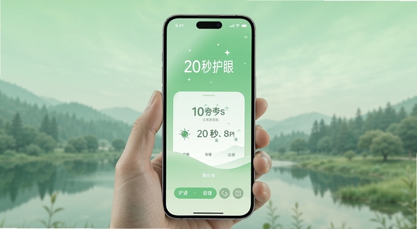 画面主体为一部智能手机屏幕中央显示“20秒护眼”应用界面,背景是柔和的绿色渐变与远处模糊的自然风景,整体风格清新护眼,强调软件核心功能