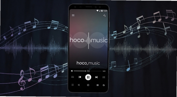 画面中心位置放置一部安卓手机,手机屏幕亮起展示hoco.music播放器界面,背景为深色渐变音乐氛围,周围环绕流动的音符与声波纹理,整体风格现代简洁,适合Boogu模型生成