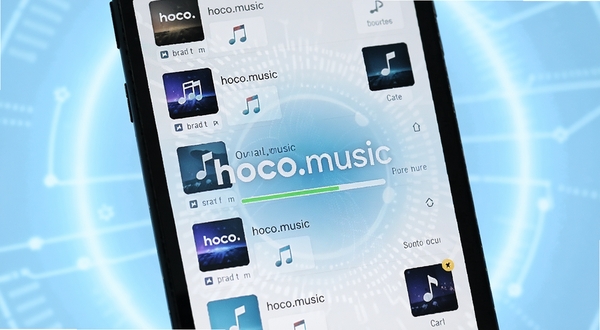 手机屏幕显示hoco.music本地音乐扫描进度界面,曲库列表整齐排列,背景为淡蓝色科技感光晕,画面中心突出软件名称hoco.music,整体风格清爽