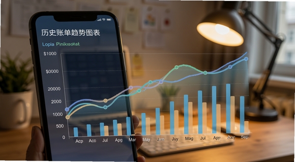 水费电费计算管家历史账单趋势图表页面,手机屏幕显示折线图与柱状图组合,横轴为月份纵轴为费用金额,背景为书房桌面环境,暖色灯光,图表线条流畅,突出数据可视化功能