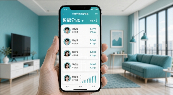 水费电费计算管家合租费用分摊界面,画面展示手机屏幕上多人账单明细列表,每人头像旁标注应付金额,背景为简约现代公寓场景,蓝绿色调,数据图表清晰可见,突出智能分摊功能
