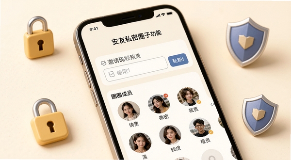 ������˽��Ȧ�ӹ��ܽ��棬��������Ϊ�ֻ���Ļ����Ļ����ʾ�������������Ȧ�ӳ�Աͷ���б�������Ϊ��ů���װ�ɫ����Χ������ͼ�������Ԫ�ص�׺��ͻ����ȫ��˽�ܸ�
